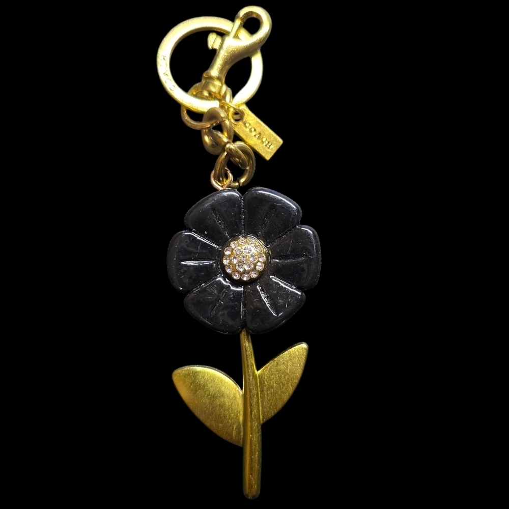 Letter "C" Black Daisy Flower Metal Bag Charm Keychain with Gold Accents